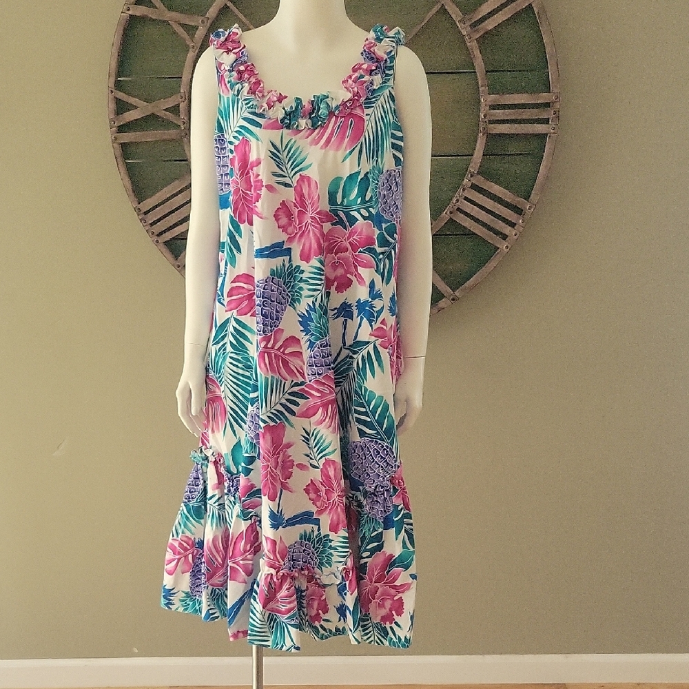 Vintage Hilo Hattie Floral And Pineapple Ruffle Midi Dress - Pink, Purple, Green